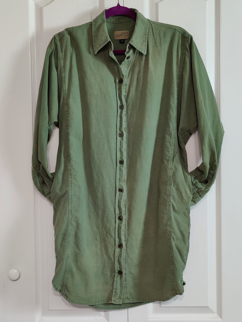 Women's Small / XS Oversized Long Sleeve Shirt Dress Pockets Green Linen Cotton